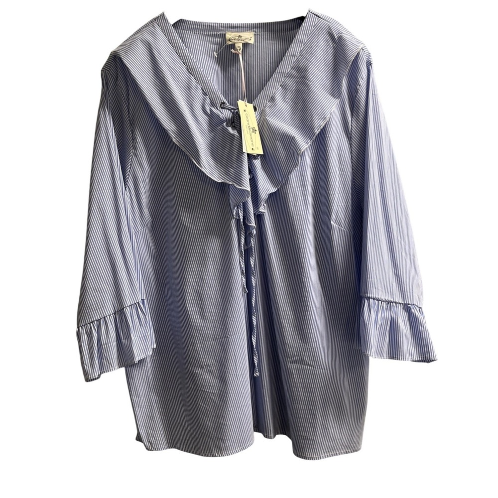 Grand & Greene Top Blue Striped Ruffle Tie Neck Flare Sleeve Size 3X Preppy‎